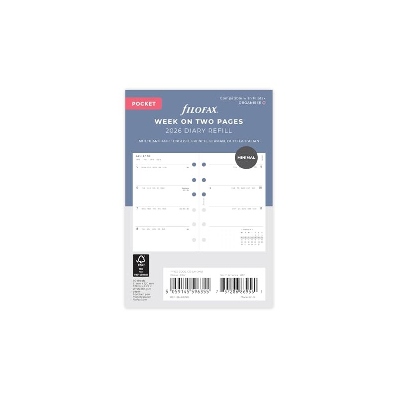 Filofax Pocket Minimal week on two pages 2026 diary 26-68290