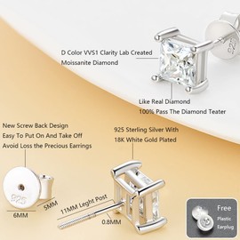 Ctarlitu Moissanite Stud Earrings, 0.6CT-2.4CT /Pair Princess Cut D Color VVS1 Clarity Brilliant Lab Created Diamond Earrings 925 Silver Screw Back Moissanite Earrings for Women Men