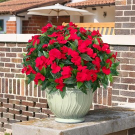 5 Pcs Artificial Fall Impatiens Flowers for Outdoors, Silk Faux Flowers for Outdoors,UV Resistant, Balcony Decoration and Indoor Decor(Red)