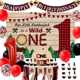 JOYMEMO Lumberjack First Birthday Party Decorations, Buffalo Plaid Camping Backdrop, High Chair Banner for Bear 1st Birthday Party Supplies