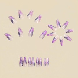 Long Press on Nails Coffin Fake Nails French Tip False Nails with Purple Designs Stick on Nails Cute Glossy Glue on Nails for Women 24pcs 1