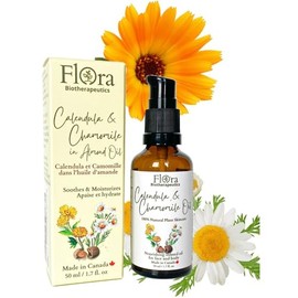 Caléndula y manzanilla orgánicas FLORA infundidas en aceite de almendras dulces orgánico. Hidratante 100% puro y natural para pieles secas. Revitaliza y protege. Fabricado en Canadá. 1,7 fl oz