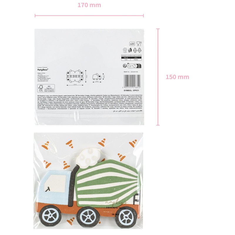PartyDeco 20 Napkins Construction Site Concrete Mixer