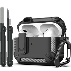 RFUNGUANGO for AirPods Pro Case Cover with Cleaner Kit, Military Hard Shell Protective Armor with Lock for AirPod Pro Charging Case, Front LED Visible,Black
