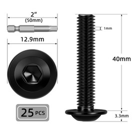 M6-1.0 x 40 mm, 25 tornillos de cabeza de botón con brida, acero inoxidable 304, llave Allen, broca de destornillador incluida, acabado negro, rosca totalmente a máquina