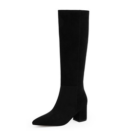 Easyfox Black Suede Knee High Boots Chunky Heel Tall Black Boots for Women Pointed Toe Fall Boot Suede Long Block Side Zipper Boot Size 9.5