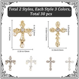 CRASPIRE 30Pcs 6 Styles Cross Nail Charms 3D Y2K Luxury Nail Gems Set Metal Alloy Rhinestone Pearl Flat Gothic Vintage Punk Studs Decor for Women Nail Art DIY Crafts Jewelry Christmas Decor Cellphone