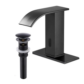 Automatic Touchless Bathroom Sink Faucet Black Drain Stopper with Overflow Waterfall AC/DC Motion Sensor Electronic Lavatory Vanity Sink Faucet Hands Free Tap with Control Box Temperature Mixer Valve