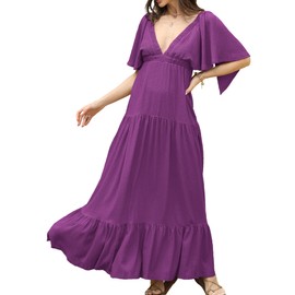 Kikibell Women Casual Dress Solid Color Smocked Tiered Flowy Boho Long Dresses Women Spring Dresses Purple L