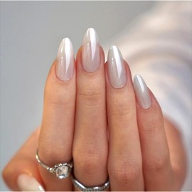 Vopintpy White Chrome Press on Nails Medium Almond Fake Nails Mirror Solid Color Acrylic Glue on Nails Reusable Stick on Nails for Women DIY Charm Manicure