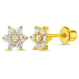 Gold Plated Clear CZ Flower Screw Back Earrings for Babies, Toddlers, and Little Girls - Adorable and Lovely CZ Flower Earrings with Safety Screw Back Locking for Safe & Comfortable Use