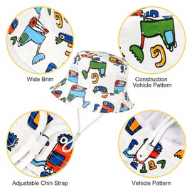 JUPSK Baby Sun Hat Toddler Summer Bucket Hat Wide Brim Beach Cotton Cap with Adjustable Chin Strap UPF50 for Kids Child Boys Girls 6-12 Months (White Tractor)