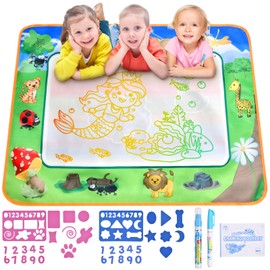OSDUE Aqua Magic Doodle Mat, Water Doodle Mat Children, Water Painting Mat Children's Toy with Stamp Set, 2 Magic Pens, Painting Mat for Children Baby, for 1-6 Years Old Boys Girls, 80 x 60 cm
