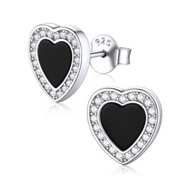 ChicSilver 925 Sterling Silver Heart Stud Earrings, Cubic Zirconia Black Onyx Earrings for Women hypoallergenic Earrings