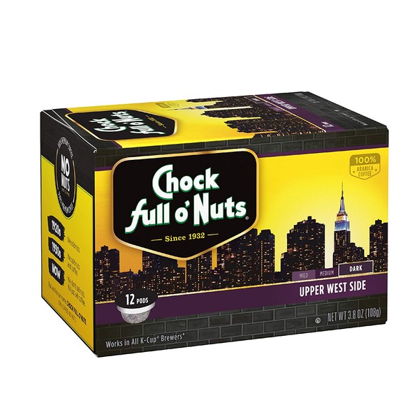 Chock Full o'Nuts Upper West Side Dark Roast, K-Cup Compatible Pods (72 Count) - 100% Premium Arabica Coffee in Eco-Friendly Keurig-Compatible Single Serve Cups