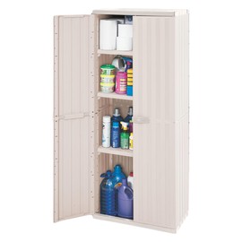 YOPIDO Storage Cabinet Large Tall, 2 Doors and 4 Levels,Garage Bin Tool Organizer Plastic Container, Almond