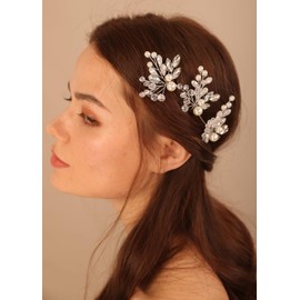 Deniferymakeup 3pcs Pearl Bride Wedding Hair Pins Rhinestone Hair Piece Crystal Headpiece Bridal Hair Accessories for Women and Girls (Silver)