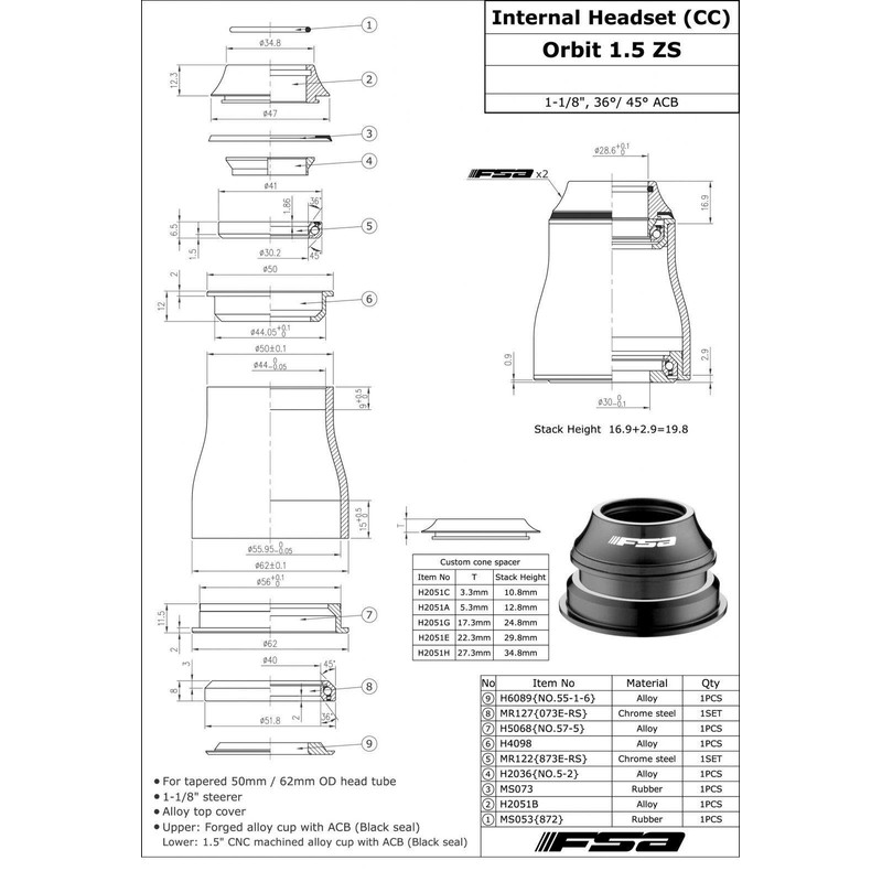 FSA No.57-1 Orbit 1.5 ZS 1-1/8Inches Tapered Headset OD 50/62mm
