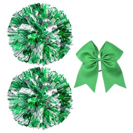 JIHUOO 2 Pcs Metallic Cheerleading Pom Poms Foil Cheer Pom Poms Cheerleader Pom Poms Dance Team Poms with Large Hair Bows for Sports Team Spirit Cheering Green