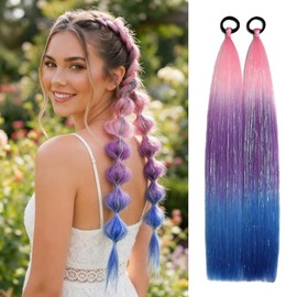 Colored Hair Extensions for Braids Ponytail Extension, 26" Sparkly Crazy Hair Day Accessories with Elastic Tie for Cheer, Cosplay & Spirit Week, Tinse