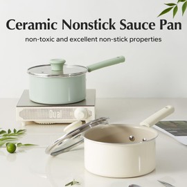 Redchef Ceramic Nonstick Saucepan with Lid, 3QT Small Cooking Pot, Non Toxic Sauce Pans for Kitchen, Cool Handle PFAS Free Compatible with All Cooktops, White