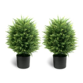 Sunnyglade 19.7” Tall Artificial Cedar Topiary Ball Tree Set of 2 Pack Potted Bushes UV Resistant Potted Plants for Indoor Outdoor Home Garden (Dark Green)