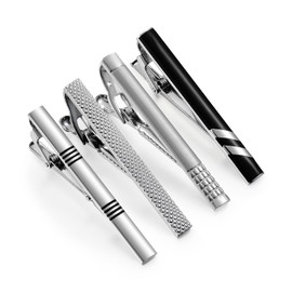 Wynameleri 4 Pcs Tie Clips for Men, Business Shirt Tie Pins Set Pinch Silver Black Necktie Parts T0304007