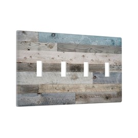 Rustic Quad Toggle Light Switch Cover Wall Plate 4 Gang Switch Plate Covers Farmhouse Decorative Lightswitch Cover Plate, 4.5 x 8.0 Inch, Blue Grey Wood Print