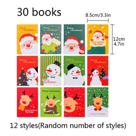 30 Pcs Mini Christmas Notepads Kids Portable Pocket Notebooks Santa Claus, Snowman, Reindeer Pattern Memo Book Great Stocking Party Loot Bag Fillers for Girls and Boys, 12 Style