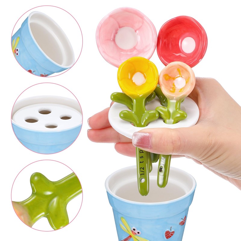 Flower Measuring Spoons Set in Pot - Ceramic Baking Measuring