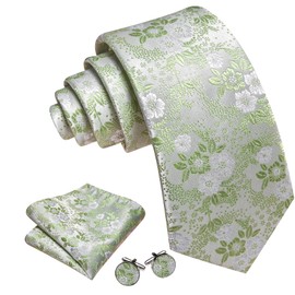 Barry.Wang Sage Green White Tie for Men Floral Silk Necktie Pocket Square Cufflinks Set Formal Business Wedding Party Prom