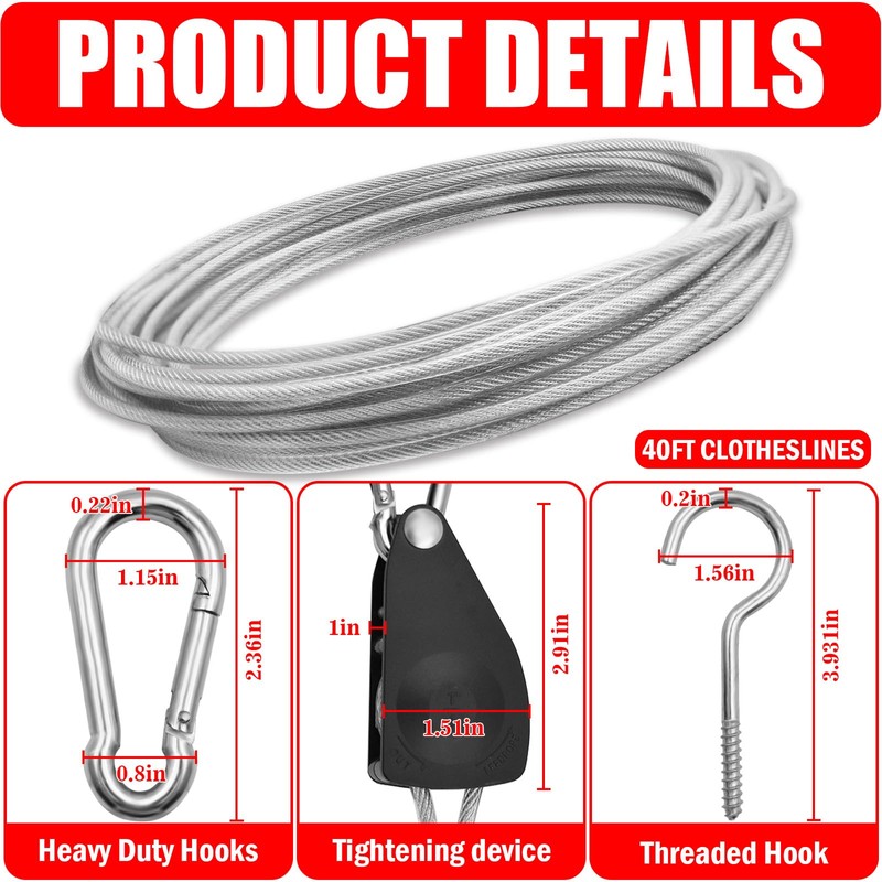 VIVBOO 40ft Clothes Line Outdoors 3/16" Wire Ropes Silver PVC