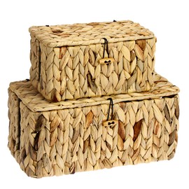 BTSKY Woven Cable Management Box with Lid, Water Hyacinth Cord Organizer for Desk, Cable Organizer Box with 2-Open Slots to Hide Power Strips USB Hubs for Home & Office, Pet Proofing Cord Basket, L+S