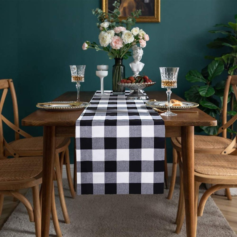 Table Runner White and Black Buffalo Plaid Table Runner Checkered