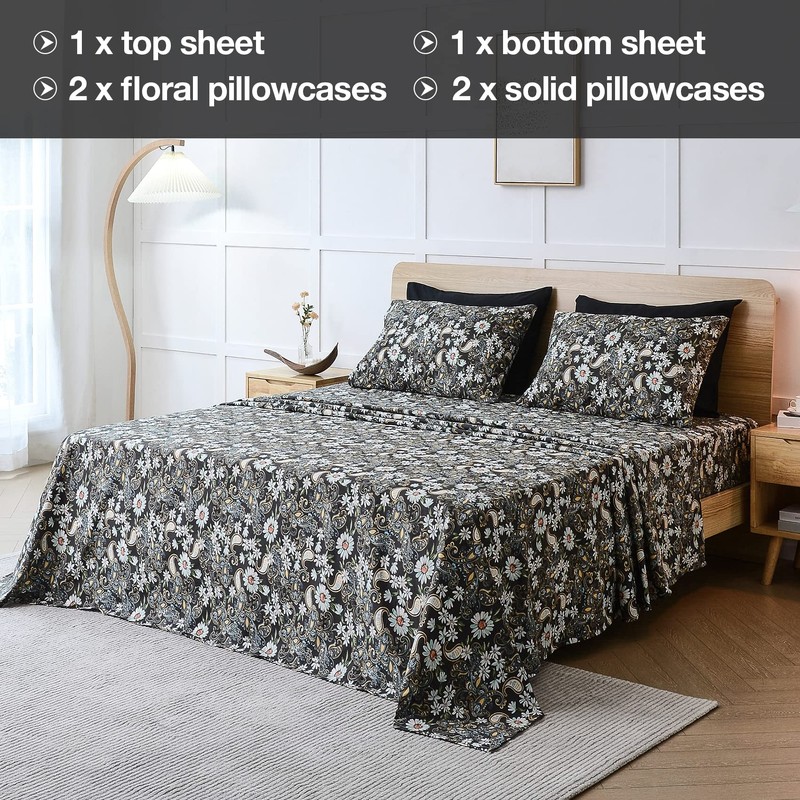 JSD Black Paisley Floral Printed Sheet Set King Size 6