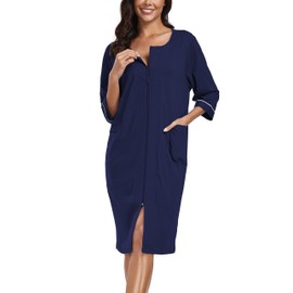 COLORFULLEAF Women's Bathrobe with Zip Lightweight Dressing Gown 100% Cotton House Coat 3/4 Sleeve Nightdress with Pockets, navy blue