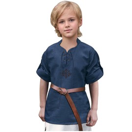 L'VOW Medieval Boys Shirt Renaissance Kids Lace-up Pirate Shirts Cowboy Viking Cowboy Colonial Costume Top(Navy Blue-2,6-8yrs)
