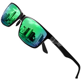 DUCO Men's Polarised Sunglasses with Rectangular Metal Frame and Carbon Fibre Glasses Legs UV400 CAT 3 8206, Black Temple Revo Green Lens