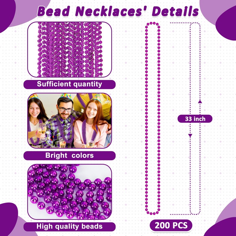 Huskein 200 Pack Mardi Gras Beads, 33" Purple Bead Necklace,