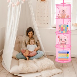 Libeder Organizador de bolsas de almacenamiento de malla para colgar, 4 compartimentos, cesta de almacenamiento de juguetes para habitación de niños, baño, 2 juegos, rosa
