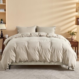 BISELINA 100% Washed Cotton Duvet Cover Set 3pcs with Bowknot Ties Strap Solid Color Linen Like Textured Durable Breathable Soft Comfy Chic Bedding (Full, Sandy Beige)