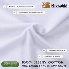 Pillowable - Case ONLY - White 48x8 Jersey Cotton - Round Body Pillow Cover - Full Zipper Closure - Ultra Soft Organic Pillowcase - Round Bolster Roll Body Pillowcase