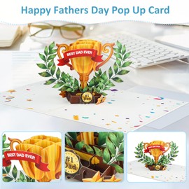 D4DREAM Fathers Day Popup Card - 6'' x 8'' Best Dad Ever Trophy Pop Up Fathers Day Card from Daughter Wife Son for Dad Husband Grandpa with Envelope