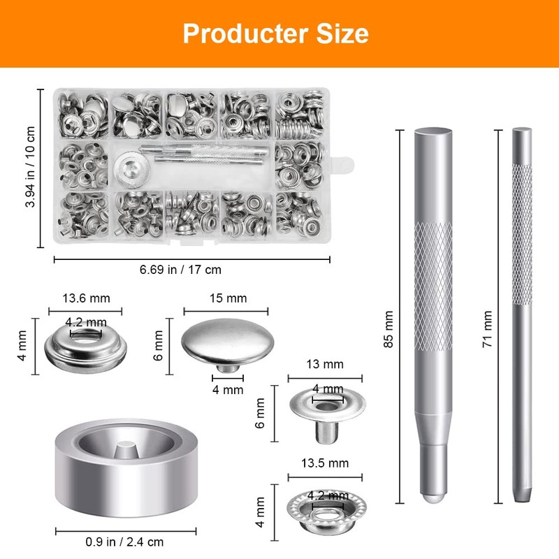 Pack of 200 Metal Push Buttons, Stainless Steel Press, 15