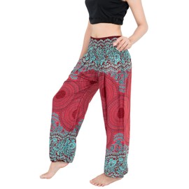 Banjamath® Women's Smocked Waist Harem Hippie Boho Yoga Palazzo Casual Pants (L,Mandala Red)