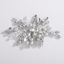 Lenjicons Elegant Flower Rhinestone Hair Comb Faux Pearls Rhinestone Wedding Headpiece Luxuries Crystal Beads Bridal Hair Comb Wedding Hair Accessories for Women (silver)