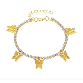 Butterfly Tennis Anklet for Everyday Wear - Primary color: Silver, Stone Color: Pink