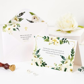 Crisky 25 Pack Religious Sympathy Cards with Scripture Watercolor White Flower with Envelope & Sticker, 4 Assortment (God's Comfort and Bless)