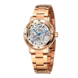 WENFVIN Reloj de pulsera mecánico de acero inoxidable para mujer con esqueleto y números romanos, Rosa