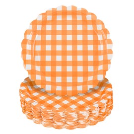 Houuqe 48 Pcs Orange Scalloped Paper Plates - 7Inch Gingham Paper Plates Blue and White Checkered Party Plate Disposable Plaid Decorative Dinner Dessert Serving Plate for Baby Shower Wedding Birthday